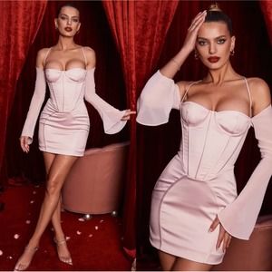 House of CB Isra Long Sleeve Georgette Corset Mini Dress in Crystal Pink Size S